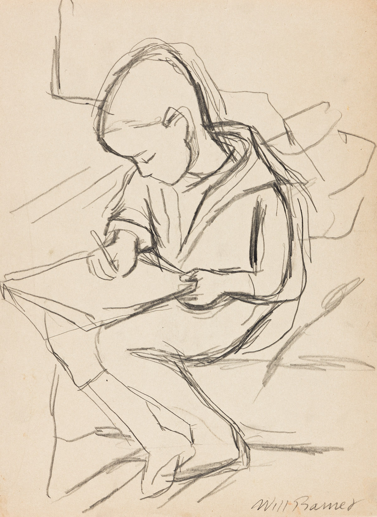 WILL BARNET (1911-2012) Young Boy Sketching.